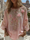 Top in lino ampio ricamato a rose, stile retrò bohémien