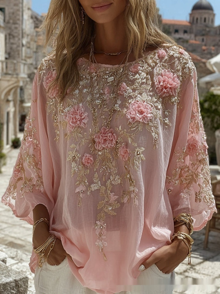 Top in lino ampio ricamato a rose, stile retrò bohémien