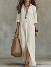 Casual Solid-color Lapel-front Slit Maxi Dress