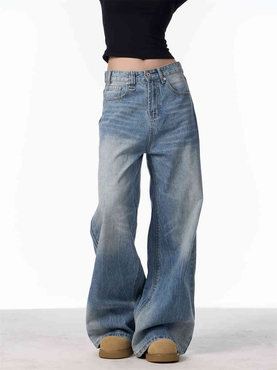 Retro Worn Looking Washed-out Jeans Women's Loose Straight Wide-leg Pants