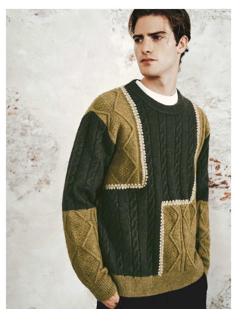 Men's Retro Casual Contrast Color Patchwork Round Neck Knitwear