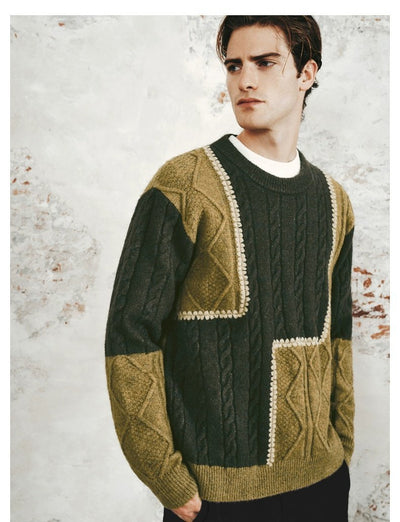Men's Retro Casual Contrast Color Patchwork Round Neck Knitwear