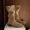 Cowhide Maillard Round Head Buckled Chunky Heel Below The Knee Boots
