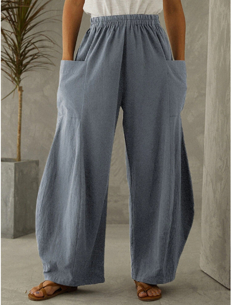 Solid Color Pocket Elastic Waist Casual Trousers
