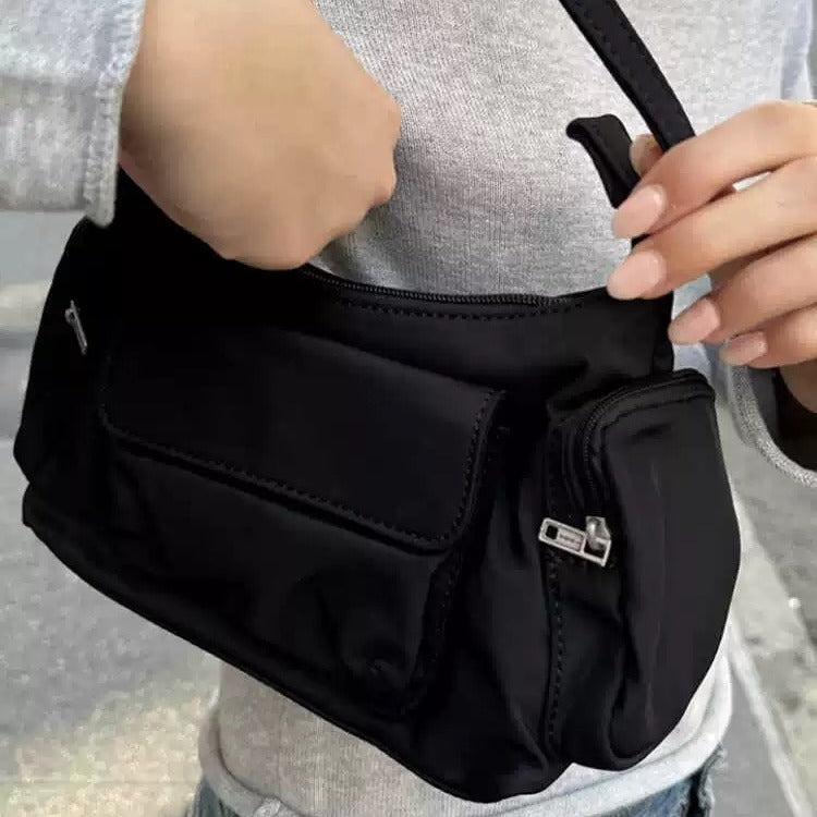 Nylon Simple Black Lightweight Double Pocket Bag