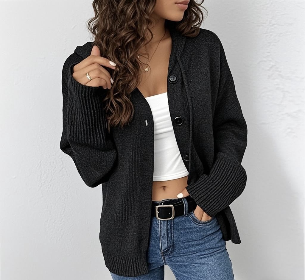 Women's Drawstring Knitted Solid Color Hooded Single-breasted Sweater