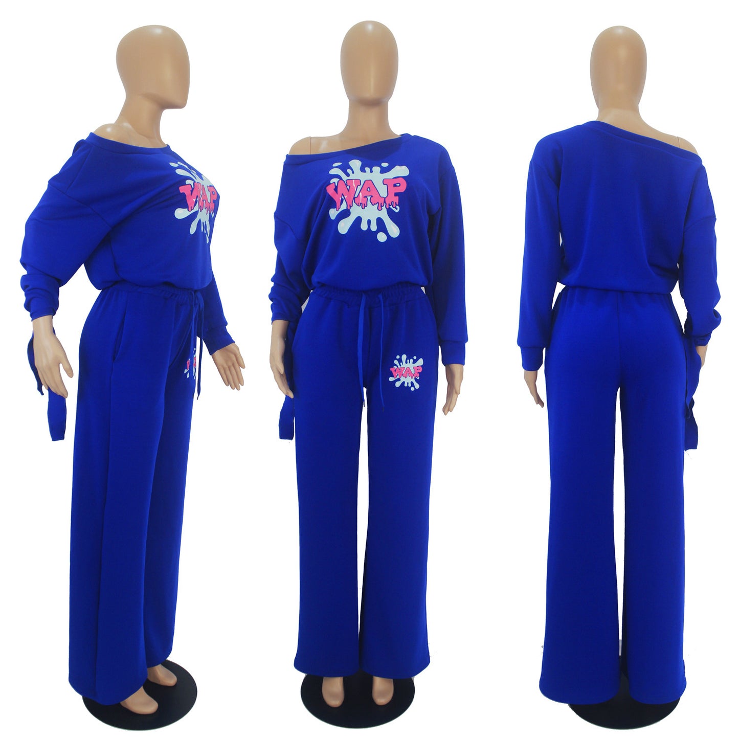 Completo casual a due pezzi con pantaloni larghi annodati a maniche lunghe e stampa a tinta unita