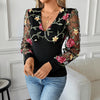V-neck See-through Embroidery Stitching Long Sleeve T-shirt