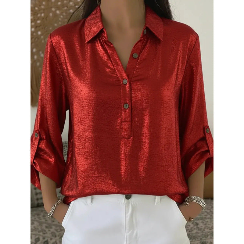 Solid-color Long-sleeve Single-breasted Shirt With A Turn-down Collar