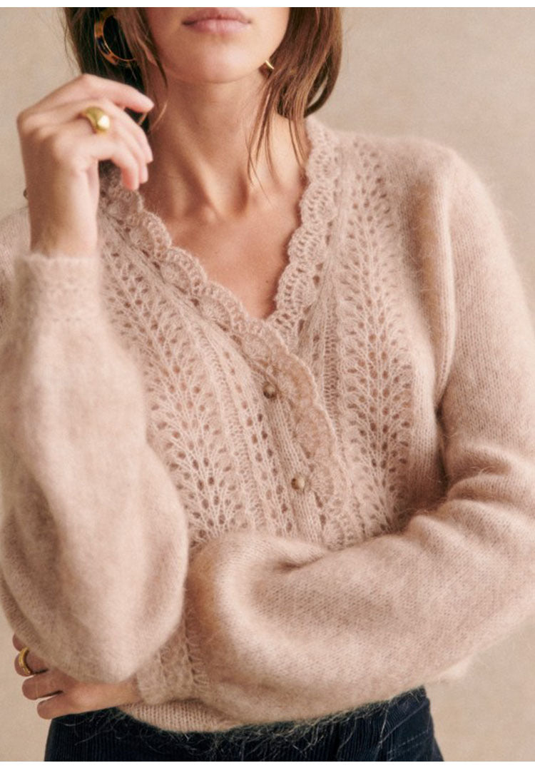 Haze Blue Mohair Cardigan Crocheted V-neck Puff Sleeve Sweater