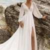 Abito da sposa a vita alta taglie forti profondo scollo a V a maniche lunghe con spacco alto e schiena scoperta in stile europeo e americano