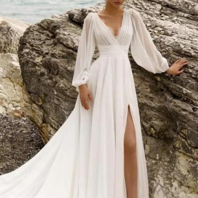 Abito da sposa a vita alta taglie forti profondo scollo a V a maniche lunghe con spacco alto e schiena scoperta in stile europeo e americano