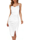 Abito da donna elegante con spacco, plissettato, in velluto, con spalline sottili