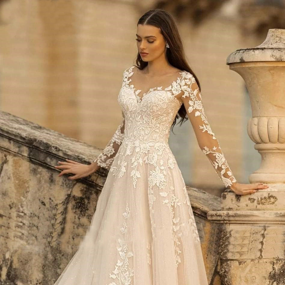 Abito da sposa a maniche lunghe Stile Mori Abito da sposa semplice girocollo