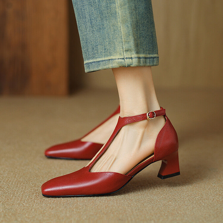 French Retro Square Toe Chunky Heel Wine Red Sheepskin Leather Shoes