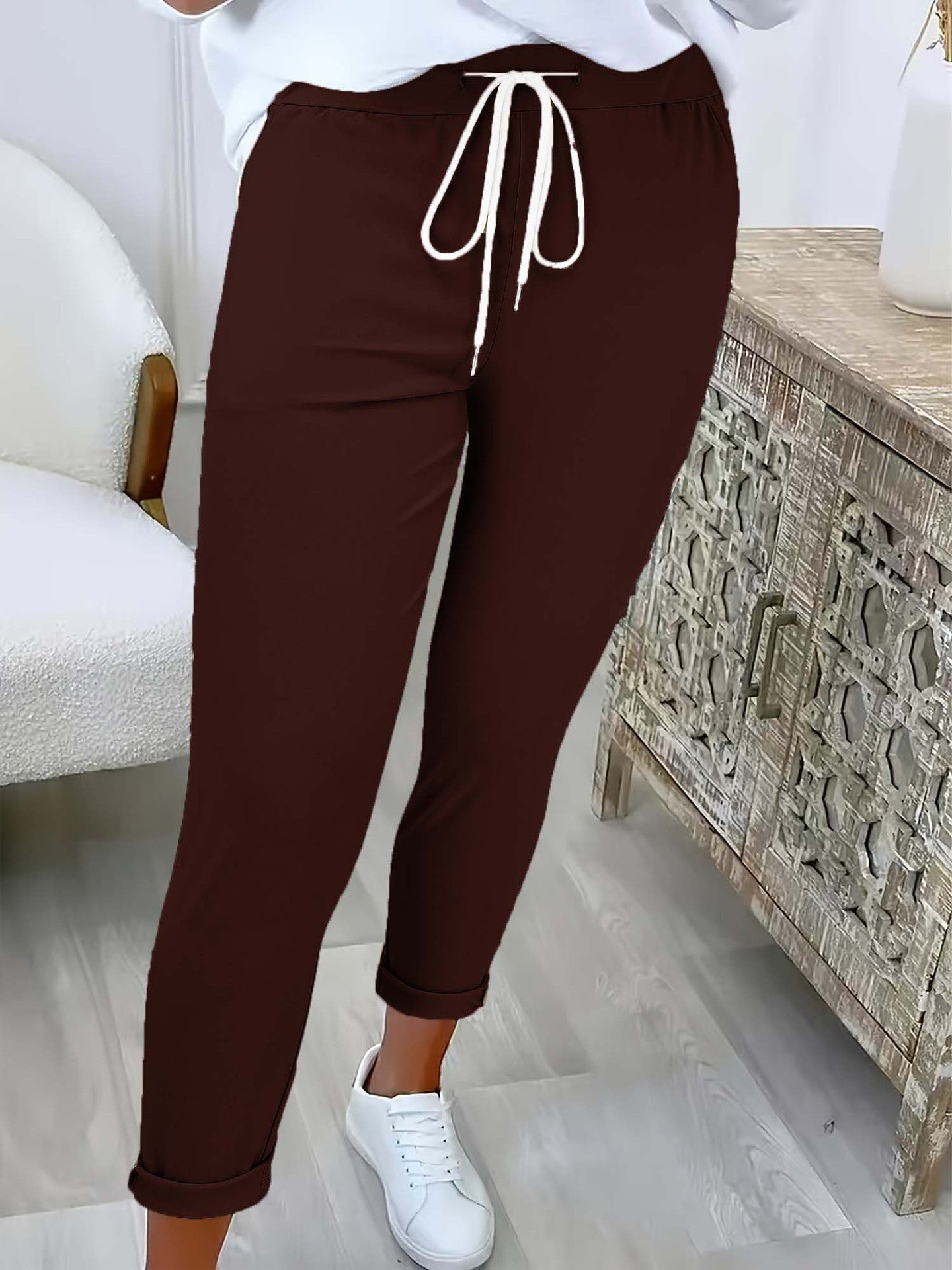 Women's Solid Color Versatile Casual Trousers With Belt And Slim Cuffs