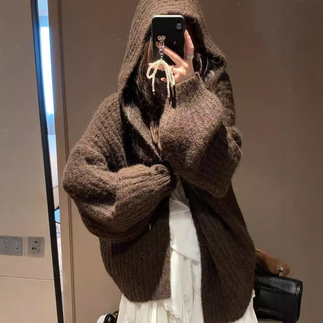 Retro Maillard Hooded Sweater Cardigan For Women