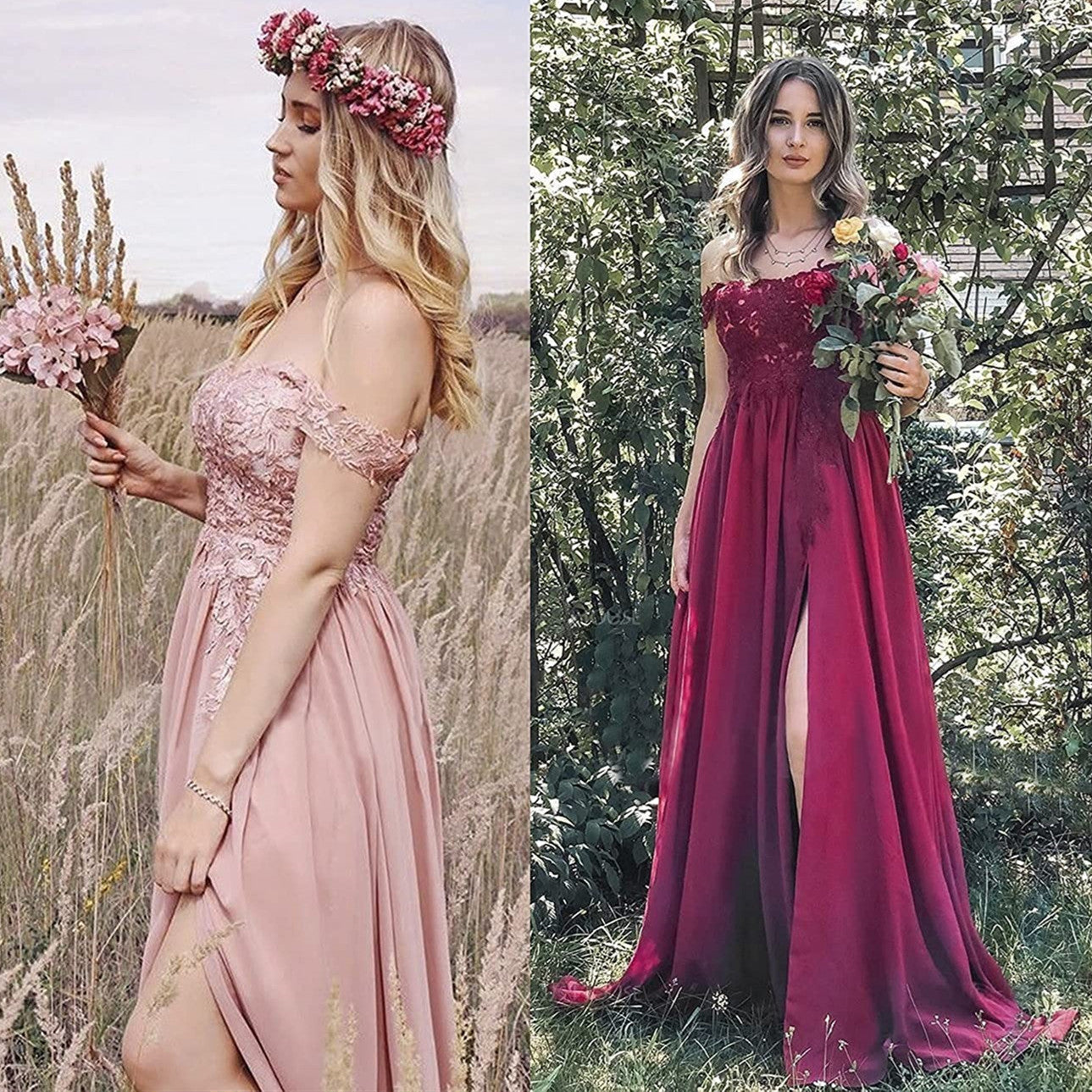 Abito lungo da ballo da donna con spalle scoperte, spacco e pizzo