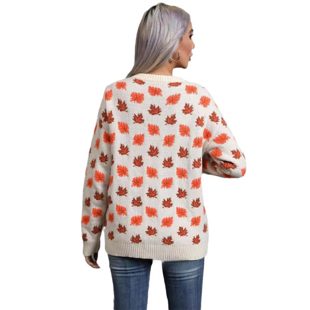 Maple Leaf Christmas Round Neck Hot Sweater