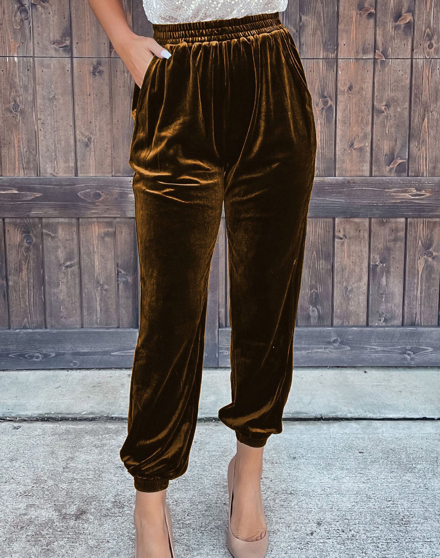 Women's Solid Color Straight Pants With Elastic Waist And Casual Cuffs