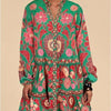 Floral Print Short Bohemian Beach Long Sleeve Button-down Flowy Blouse Dress