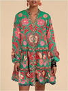 Floral Print Short Bohemian Beach Long Sleeve Button-down Flowy Blouse Dress