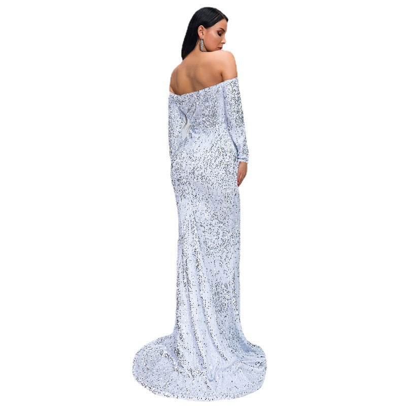 Vestito da sera sexy lungo con paillettes a maniche lunghe senza spalline