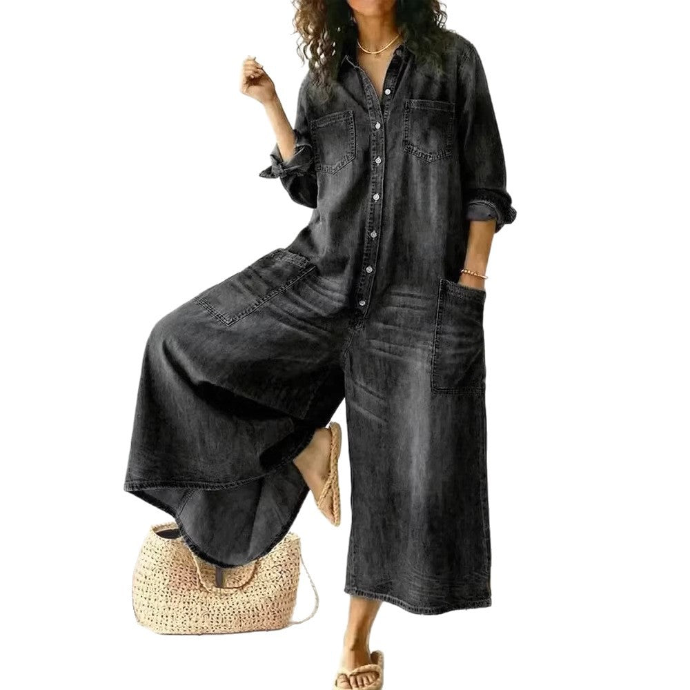 Womens Stylish Sexy Single-breasted Blouse-style Loose Jumpsuit