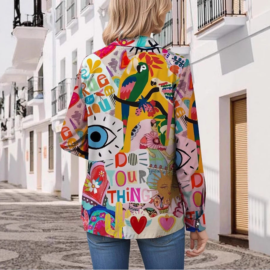 Camicia da donna a maniche lunghe stampata con risvolto