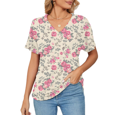 Women's T-shirt, Natural Plant And Floral Print, Casual V-neck Short Sleeves