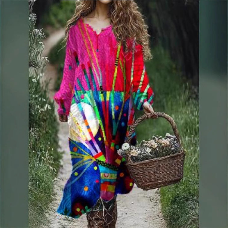 Vintage Printed V-neck Multi-color Long Sleeve Dress