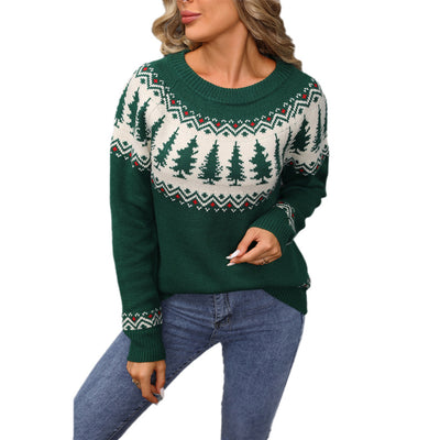 Women's Round Neck Jacquard Christmas Tree Green Sweater