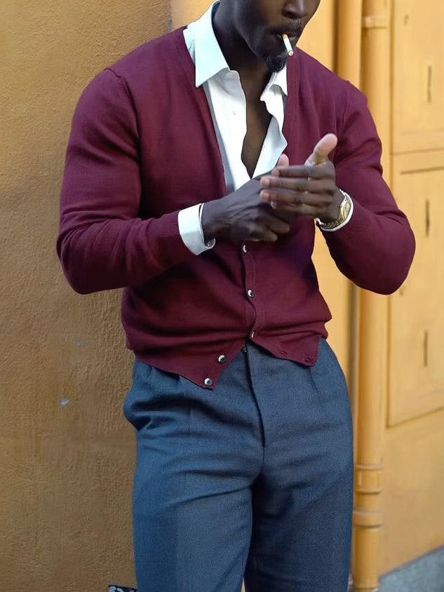 Burgundy V -Neck Button-Front Knit Cardigan