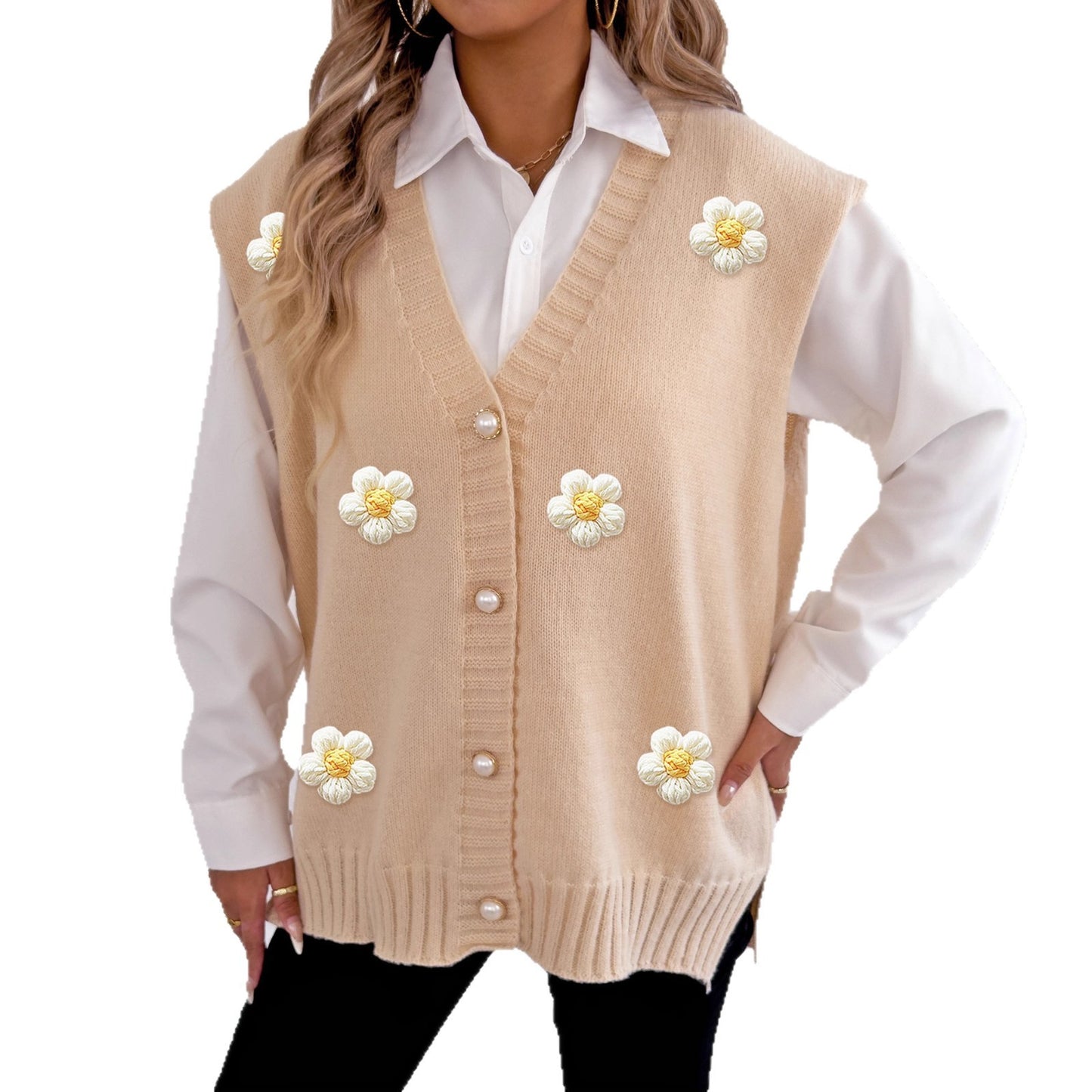 Cardigan da donna con bottoni di perle e cuciture all'uncinetto