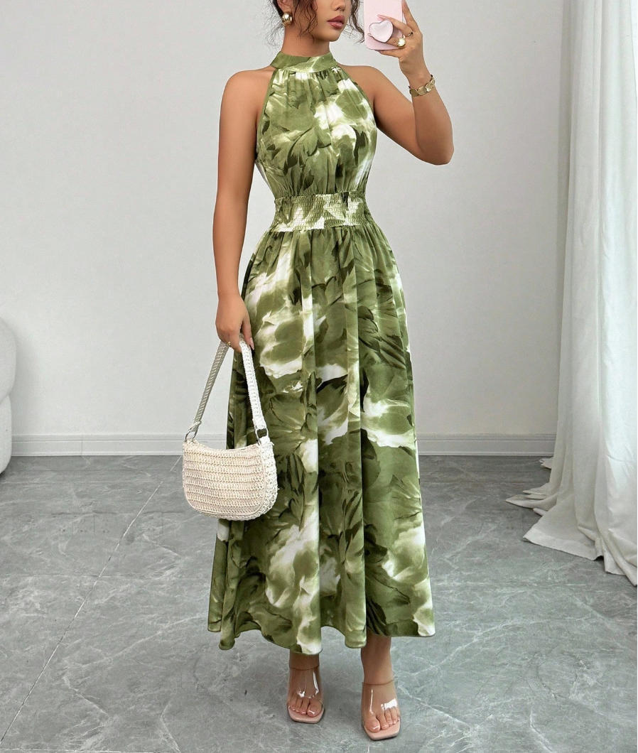 Neck Hanging Cinched Waist Sleeveless Dress With Ruffled Hem