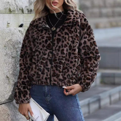 Women's Autumn And Winter Loose Long-sleeve Zipper Leopard Print Plush Coat