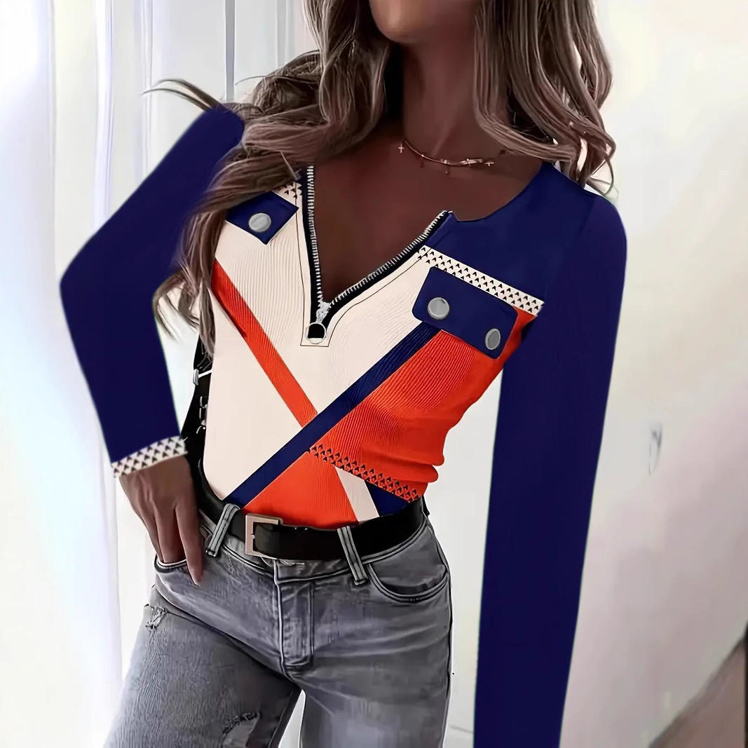 V-collar Contrast Color Printed Slim-fit Pullover Zipper Top