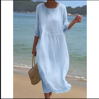 Womens Long Casual Printed Dress With A Crew Neck