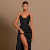 Womens Deep-V Waist-Cinching Satin Split Dress