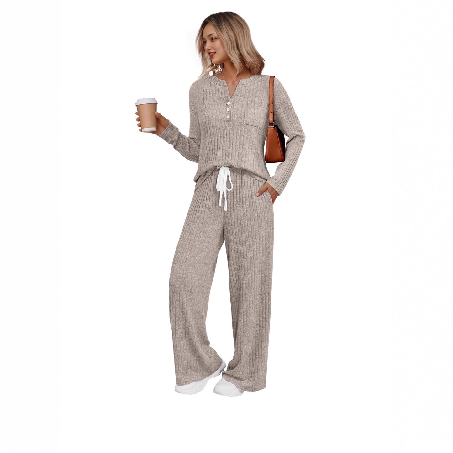 V-neck Striped Knit Casual Comfortable Long Coat Long Sleeve