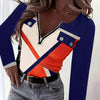 V-collar Contrast Color Printed Slim-fit Pullover Zipper Top