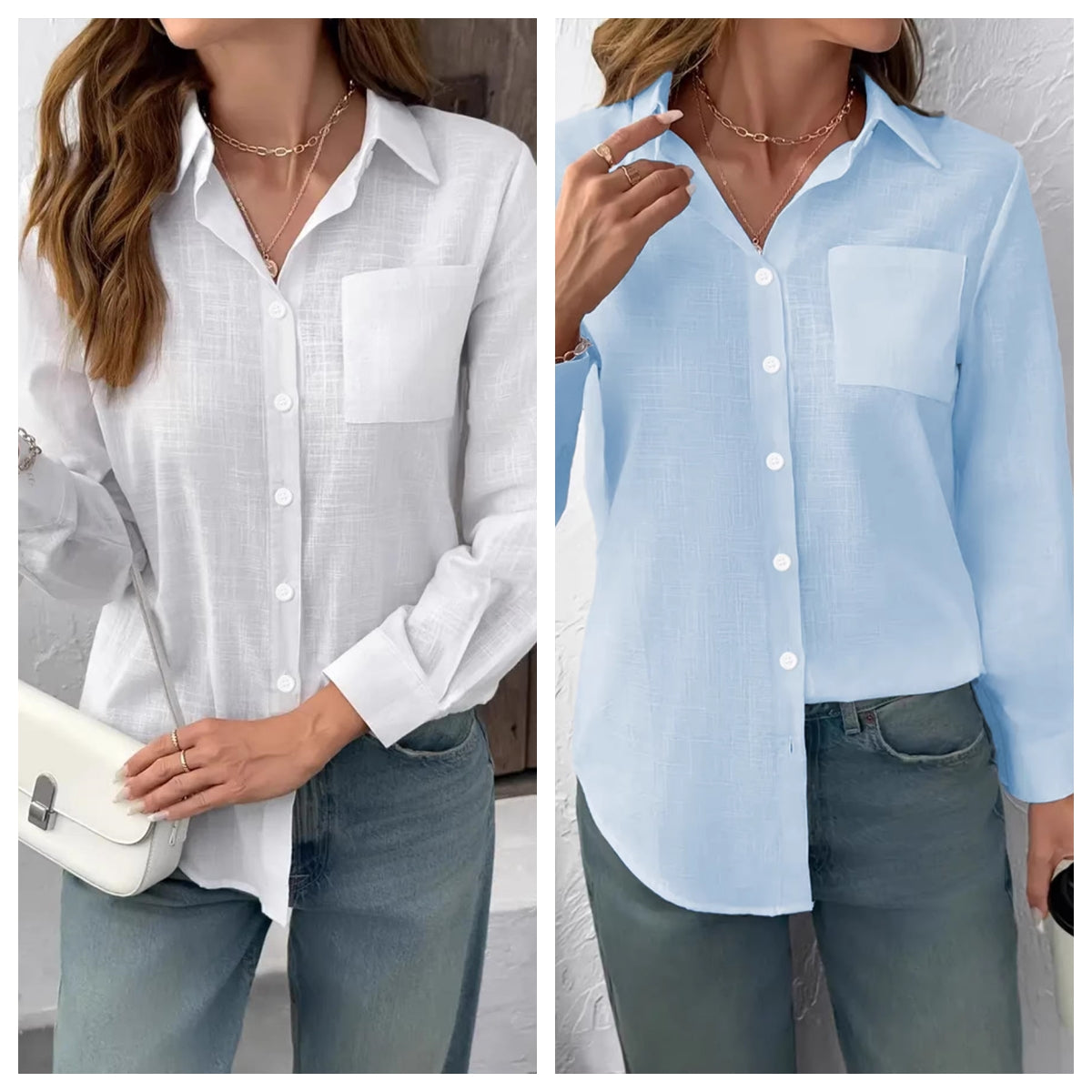 Camicetta da donna a maniche lunghe con colletto a risvolto, casual, plissettata e a vestibilità ampia