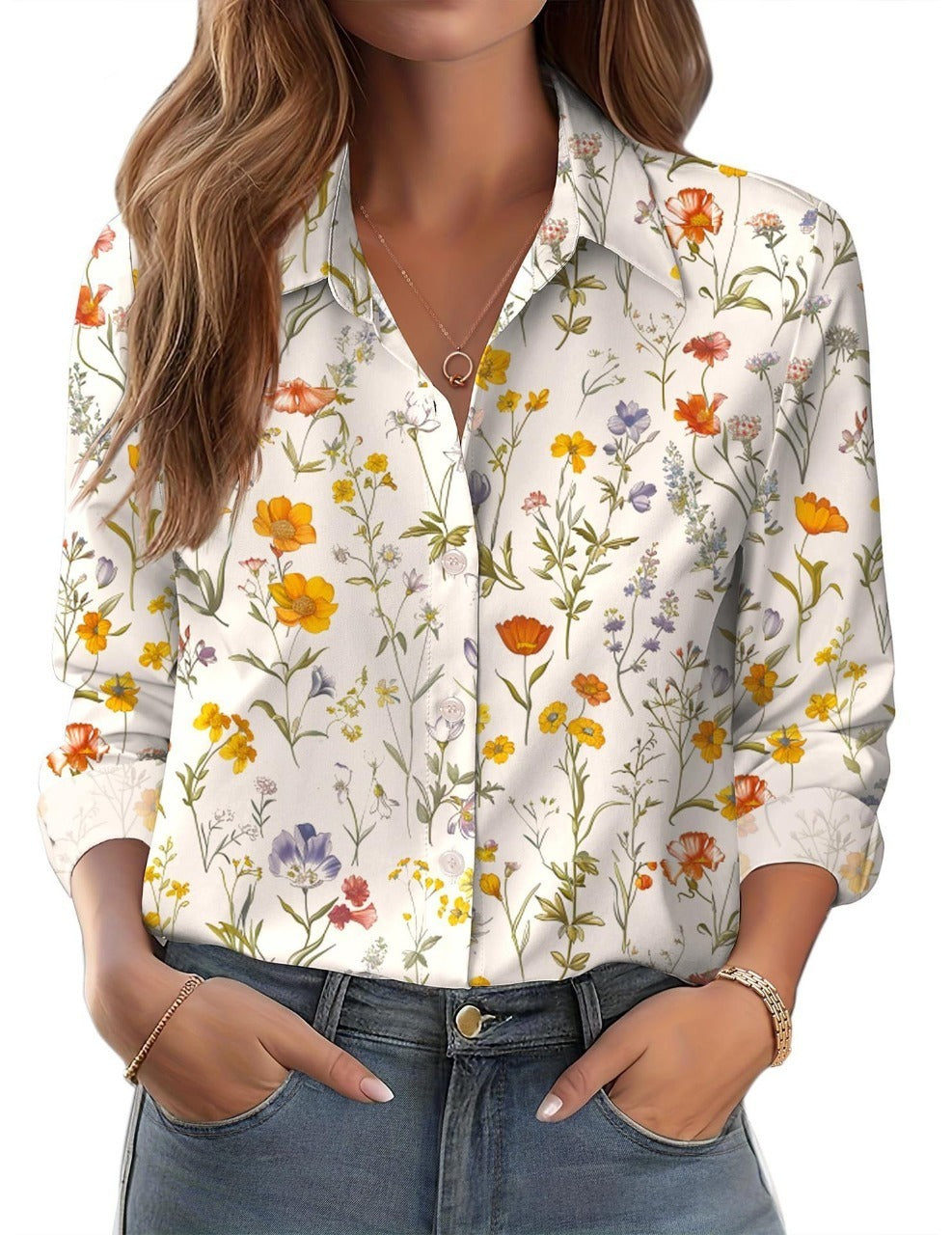 Womens 3D-printed Floral Loose-fit Blouse