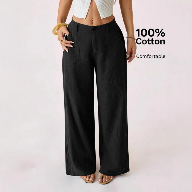 Nuovi pantaloni ampi da donna in misto cotone-lino a vita media, casual, per il pendolarismo