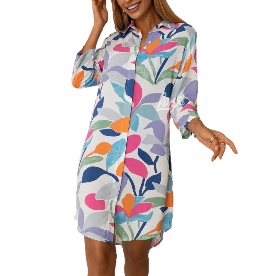 Fashionable Printed Lapel Cardigan Dress