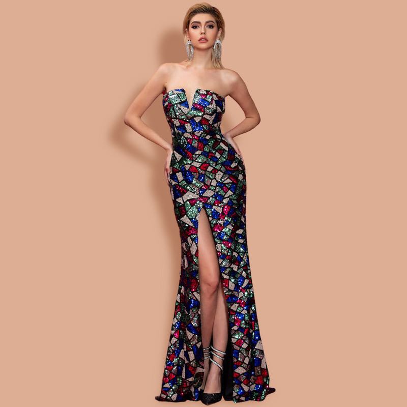 Donne Sexy Scollo a V Senza Spalline Paillettes Ma