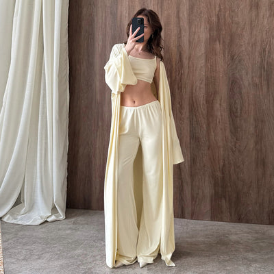 Long-sleeve Undershirt Long Pants And Knit Loungewear Set 3 Pieces