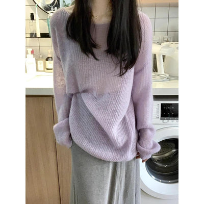 Women's Round Neck Purple Blouse Loose Hollow Out Lightweight Sweater