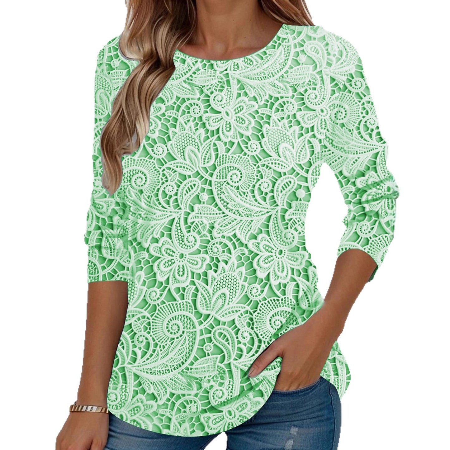 Elegante maglia a maniche lunghe con scollo rotondo e stampa chic