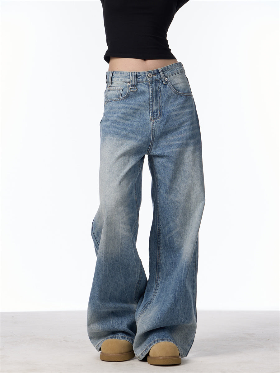 Retro Worn Looking Washed-out Jeans Women's Loose Straight Wide-leg Pants